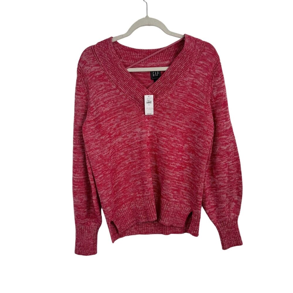 GAP Pink V-Neck Knit Sweater Balloon Sleeve 100% Cotton NWT Womens Small